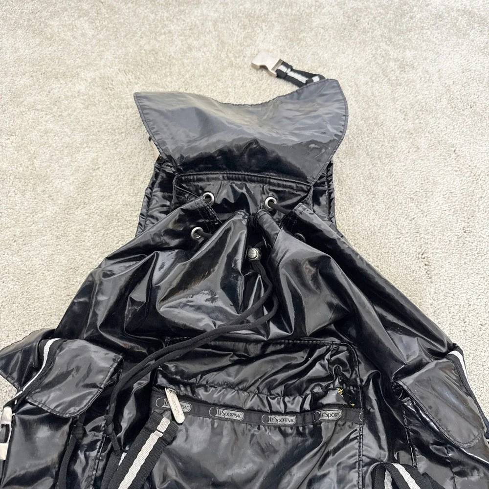 LeSportsac Voyager Black Patent‎ Drawstring Backpack Bag Large Travel